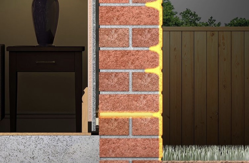 Cross-section diagram showing how silicone render waterproofs a wall