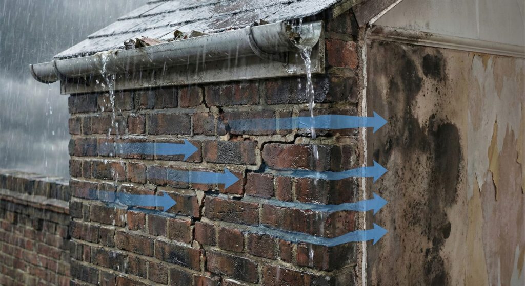 Rain water penetrating through cracked brickwork and failed guttering causing damp inside