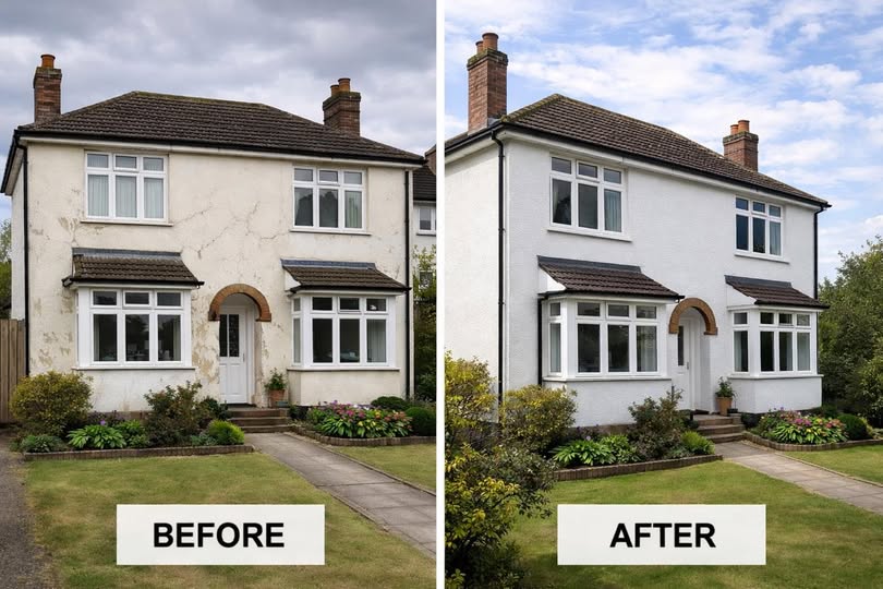Finished exterior wall coating on house