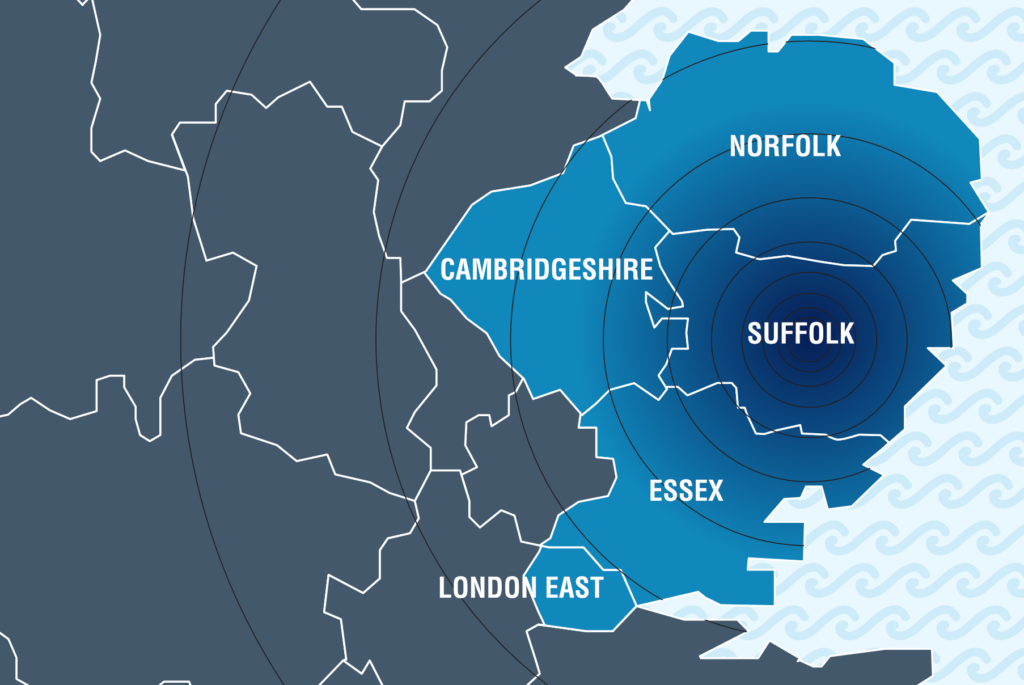 KDS service area map — Suffolk, Norfolk, Essex, Cambridgeshire and East London